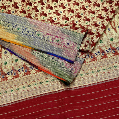 Indian Vintage Sari Heavy Maroon Pure Organza Silk Woven Brocade Banarasi Sarees Zari 5Yd Ethnic Fabric Dress Making Wedding Sarees