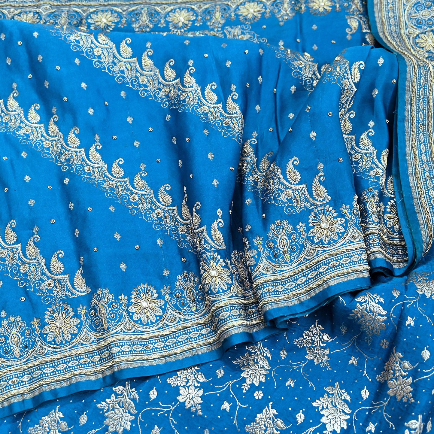 Indian Vintage Blue Heavy Wedding Saree Pure Satin Silk Hand Embroidered Banarsi Brocade Indian Sari Zari/Zardozi/Dabka 5Yd