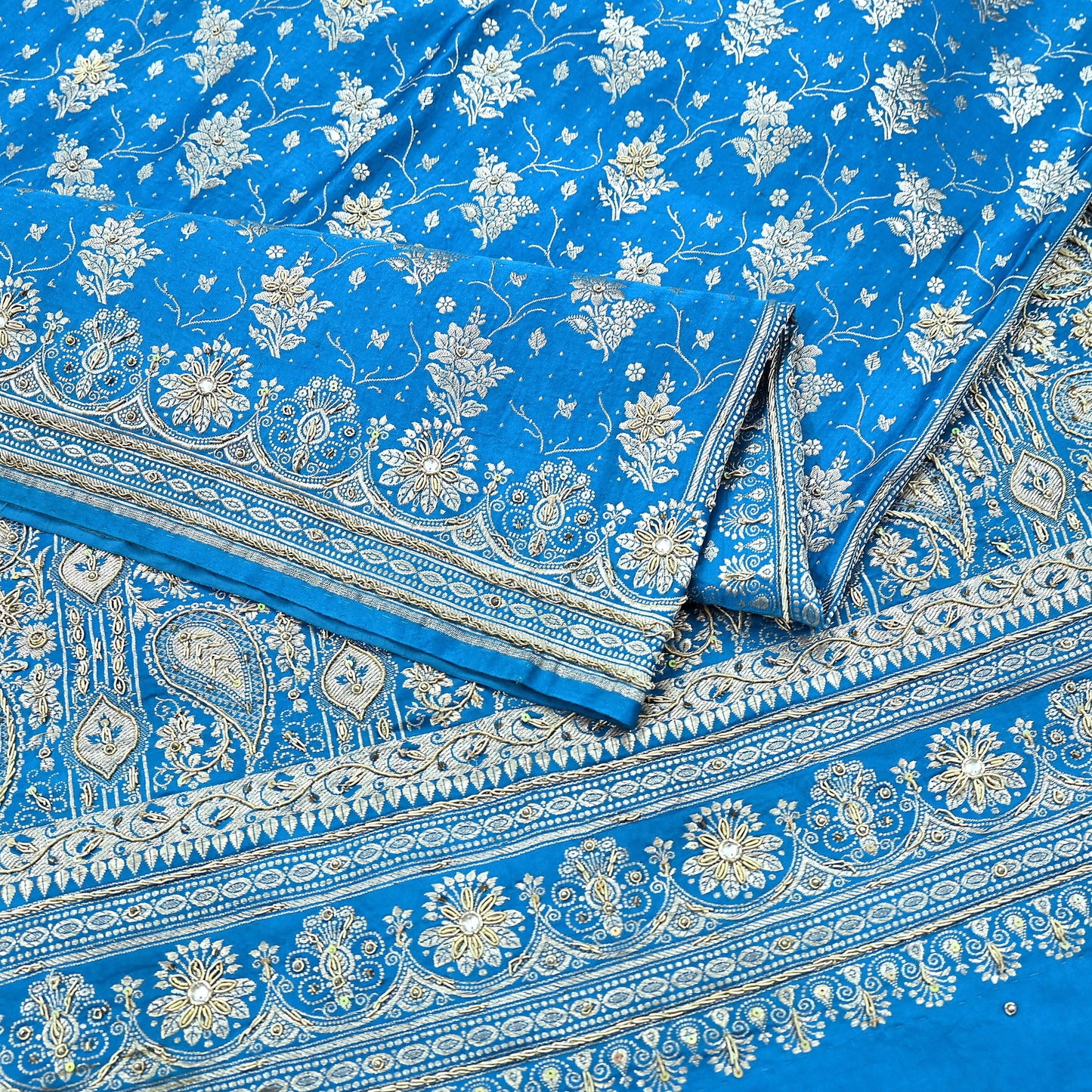 Indian Vintage Blue Heavy Wedding Saree Pure Satin Silk Hand Embroidered Banarsi Brocade Indian Sari Zari/Zardozi/Dabka 5Yd