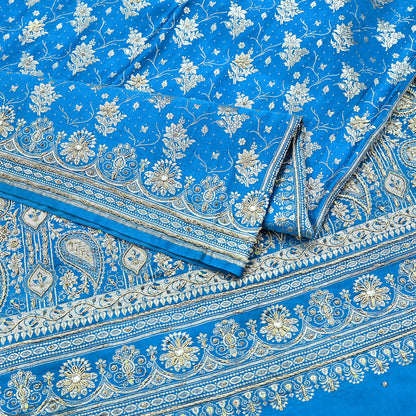 Indian Vintage Blue Heavy Wedding Saree Pure Satin Silk Hand Embroidered Banarsi Brocade Indian Sari Zari/Zardozi/Dabka 5Yd