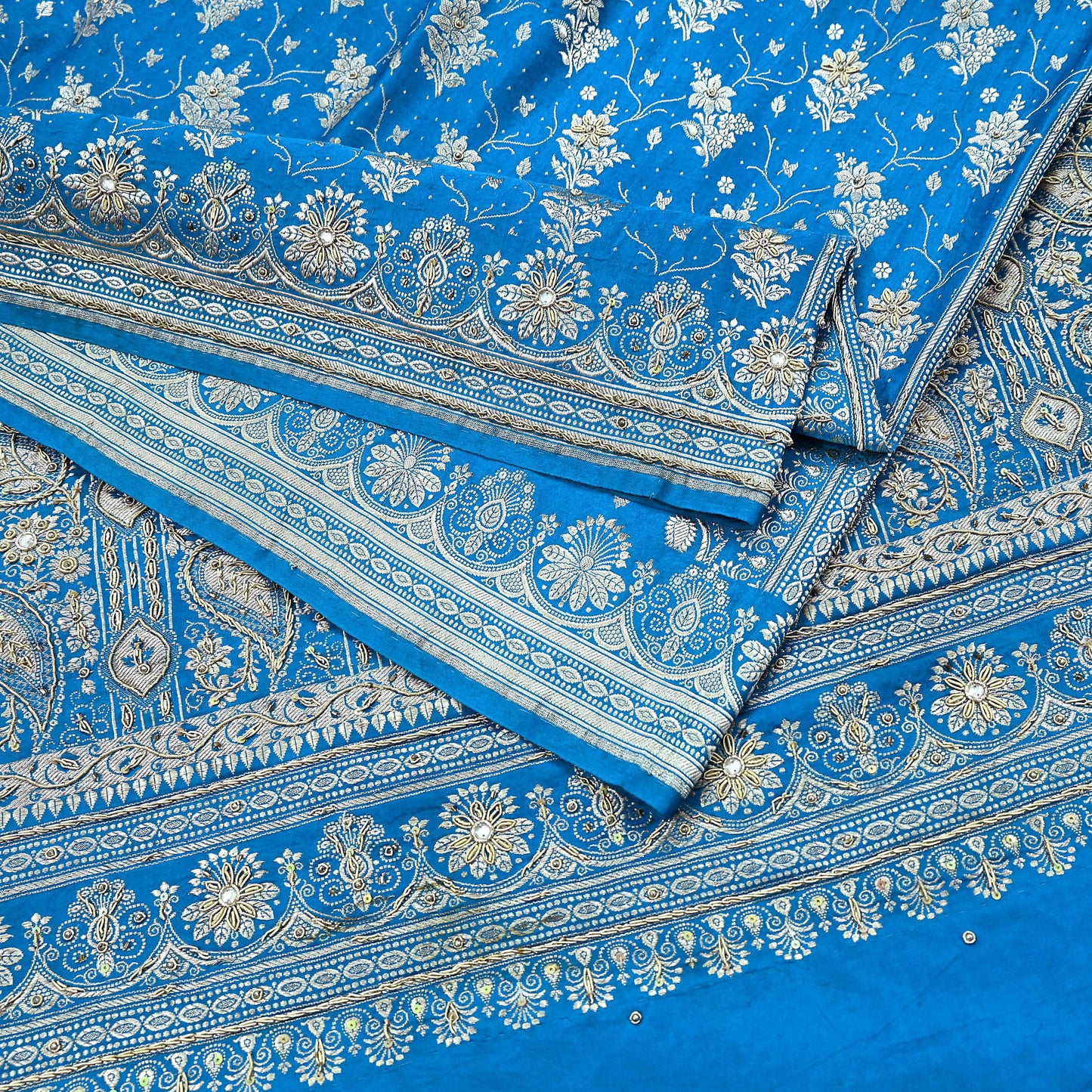 Indian Vintage Blue Heavy Wedding Saree Pure Satin Silk Hand Embroidered Banarsi Brocade Indian Sari Zari/Zardozi/Dabka 5Yd