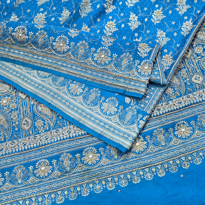 Indian Vintage Blue Heavy Wedding Saree Pure Satin Silk Hand Embroidered Banarsi Brocade Indian Sari Zari/Zardozi/Dabka 5Yd