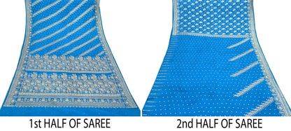 Indian Vintage Blue Heavy Wedding Saree Pure Satin Silk Hand Embroidered Banarsi Brocade Indian Sari Zari/Zardozi/Dabka 5Yd