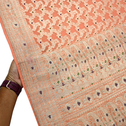 Indian Vintage Heavy Sari Peach Wedding Pure Silk Woven Banarasi Sarees Zari 5Yd Craft Fabric Dress making Crafting Wedding/Bridal Wear