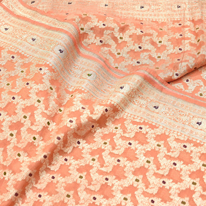 Indian Vintage Heavy Sari Peach Wedding Pure Silk Woven Banarasi Sarees Zari 5Yd Craft Fabric Dress making Crafting Wedding/Bridal Wear