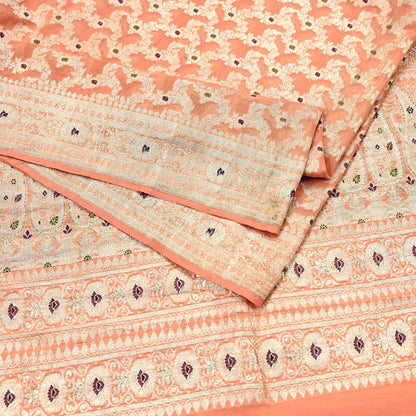 Indian Vintage Heavy Sari Peach Wedding Pure Silk Woven Banarasi Sarees Zari 5Yd Craft Fabric Dress making Crafting Wedding/Bridal Wear