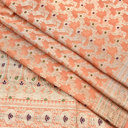 Indian Vintage Heavy Sari Peach Wedding Pure Silk Woven Banarasi Sarees Zari 5Yd Craft Fabric Dress making Crafting Wedding/Bridal Wear