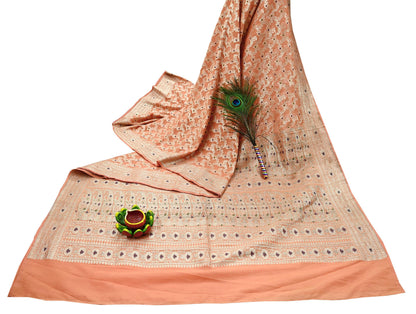 Indian Vintage Heavy Sari Peach Wedding Pure Silk Woven Banarasi Sarees Zari 5Yd Craft Fabric Dress making Crafting Wedding/Bridal Wear