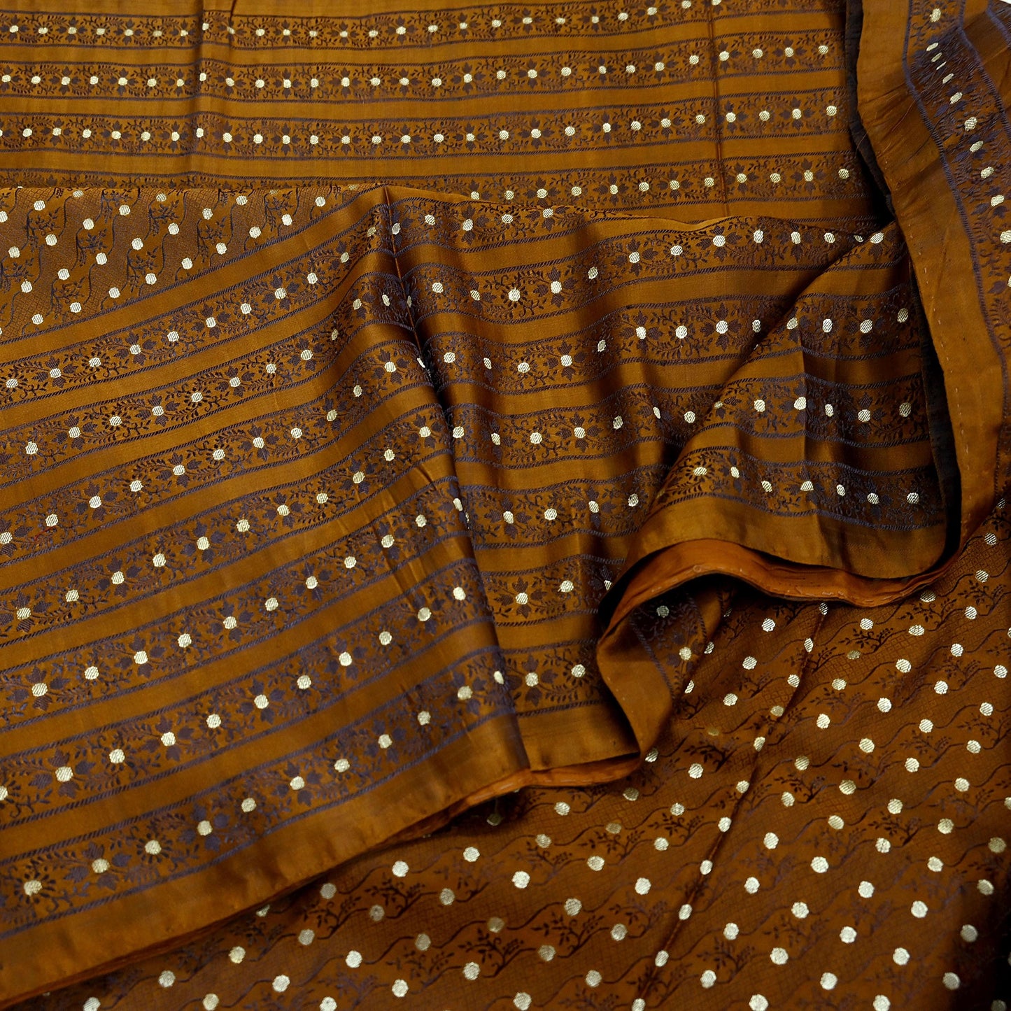 Indian Vintage Sari Golden Brown Heavy Pure Satin Silk Woven Banarasi Tanchoi Saree 5Yd Ethnic Craft Fabric Upcycle Bridal Heavy Sarees