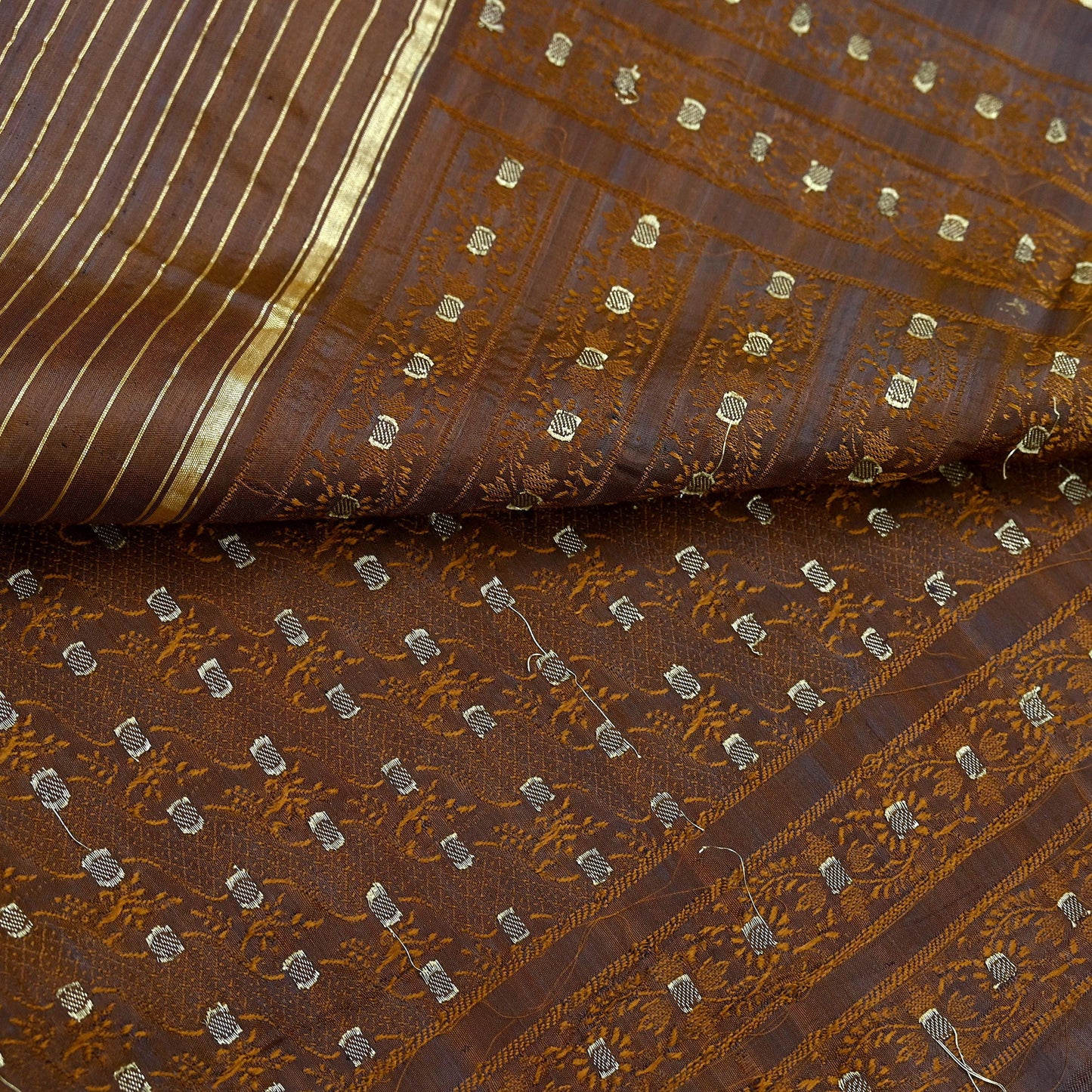 Indian Vintage Sari Golden Brown Heavy Pure Satin Silk Woven Banarasi Tanchoi Saree 5Yd Ethnic Craft Fabric Upcycle Bridal Heavy Sarees