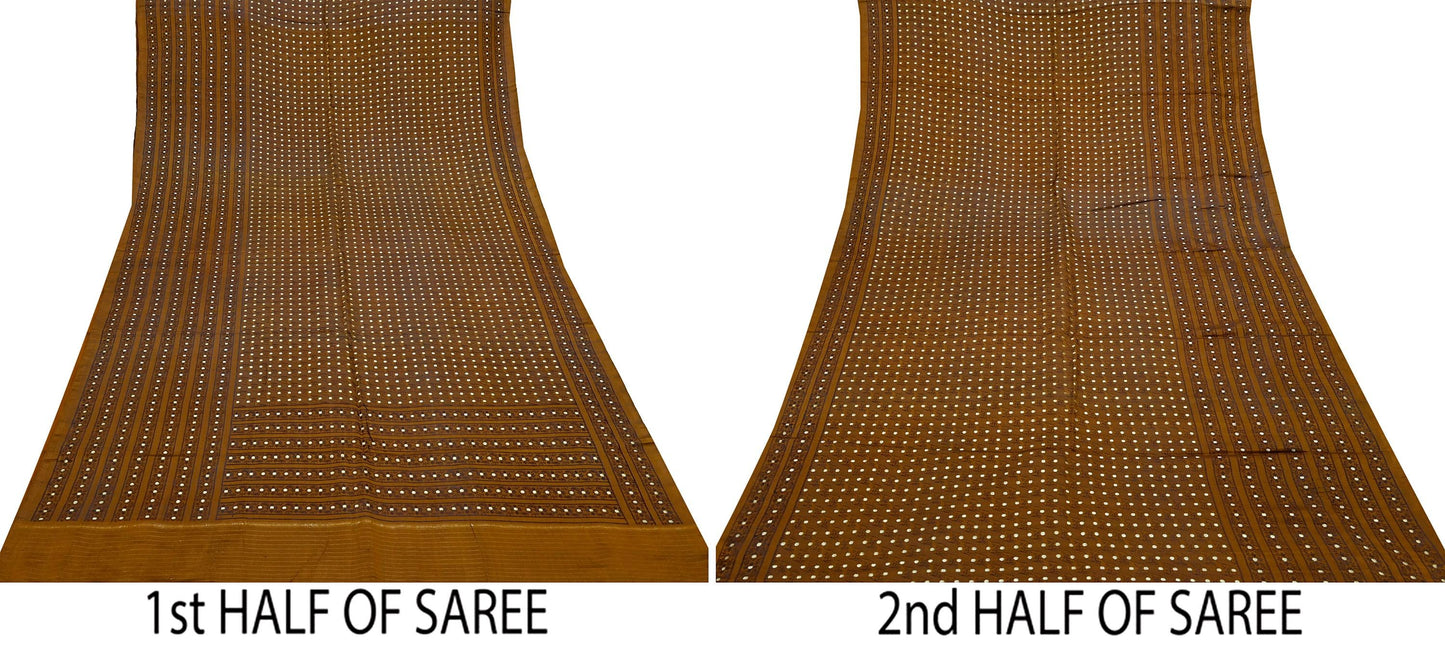 Indian Vintage Sari Golden Brown Heavy Pure Satin Silk Woven Banarasi Tanchoi Saree 5Yd Ethnic Craft Fabric Upcycle Bridal Heavy Sarees