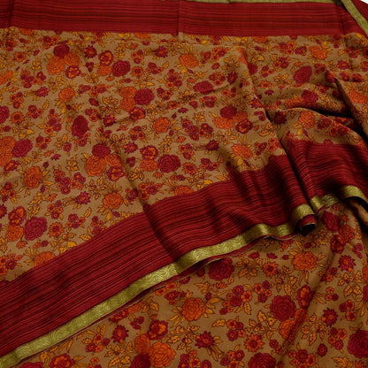 Vintage Sari Brown 100% Pure Silk Printed Saree Fabric 5yard Sewing Floral Soft Dress Designing for Crafting Paisley