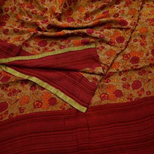 Vintage Sari Brown 100% Pure Silk Printed Saree Fabric 5yard Sewing Floral Soft Dress Designing for Crafting Paisley