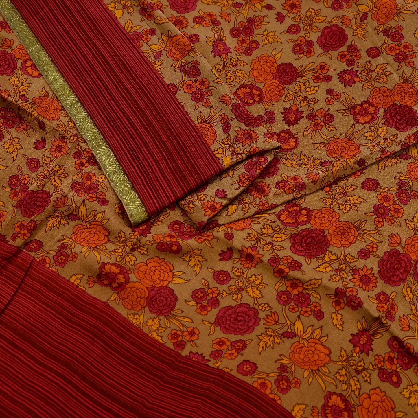 Vintage Sari Brown 100% Pure Silk Printed Saree Fabric 5yard Sewing Floral Soft Dress Designing for Crafting Paisley