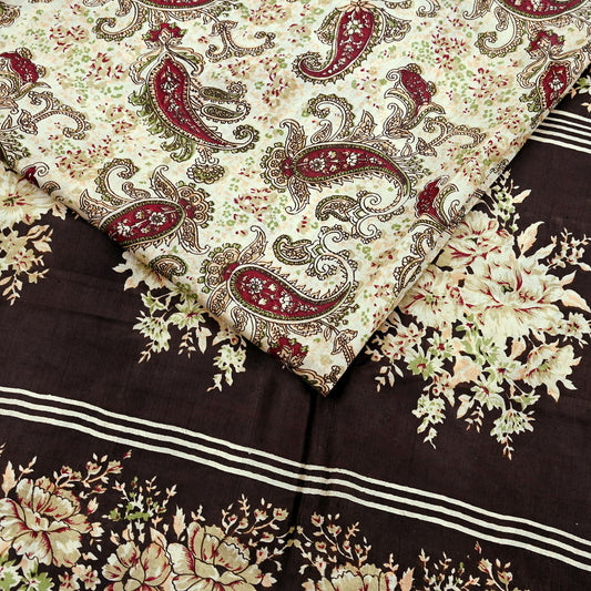 Vintage Sari Brown & Ivory 100% Pure Silk Printed Saree Fabric 5yard Sewing Floral Soft Dress Designing for Crafting