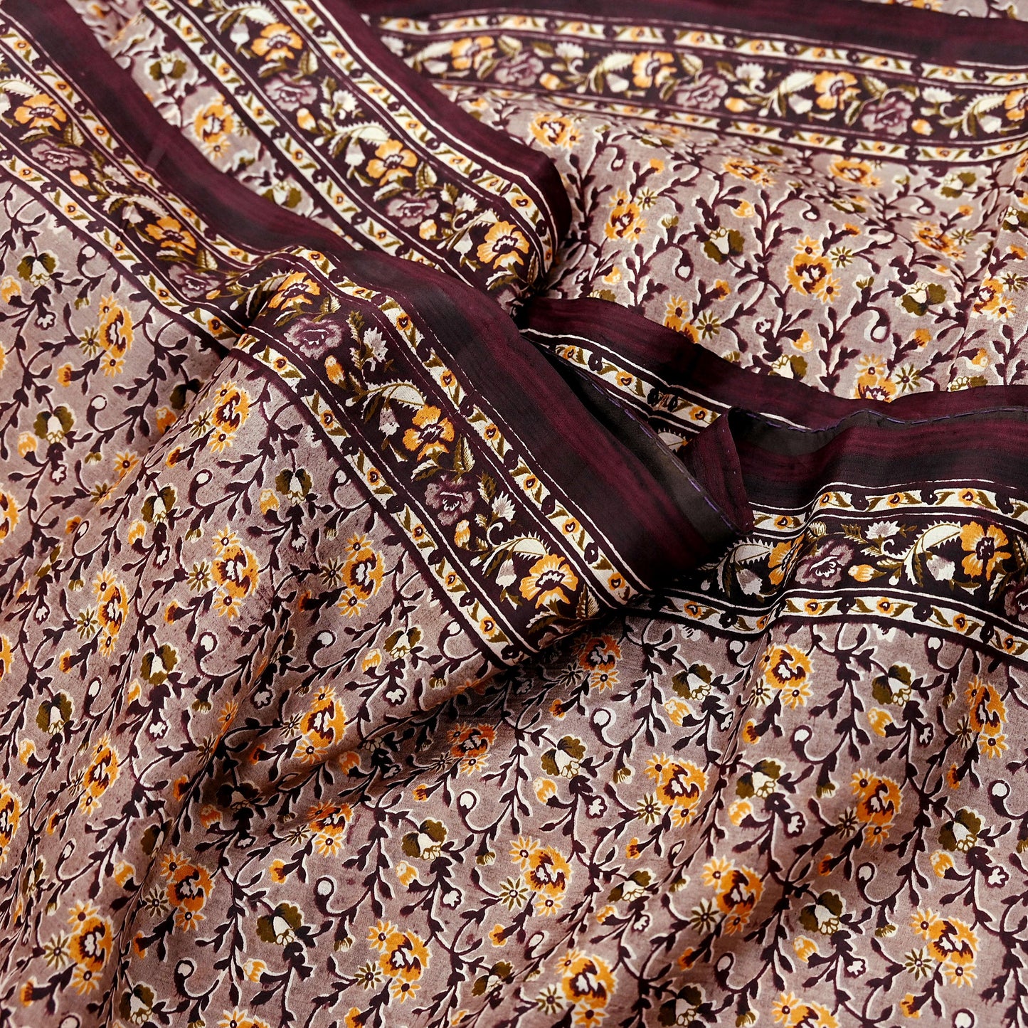 Indian Vintage Sari Brown 100% Pure Silk Printed Saree 5yard Sewing Craft Fabric DressMaking Wrap Floral Crafting Quilting