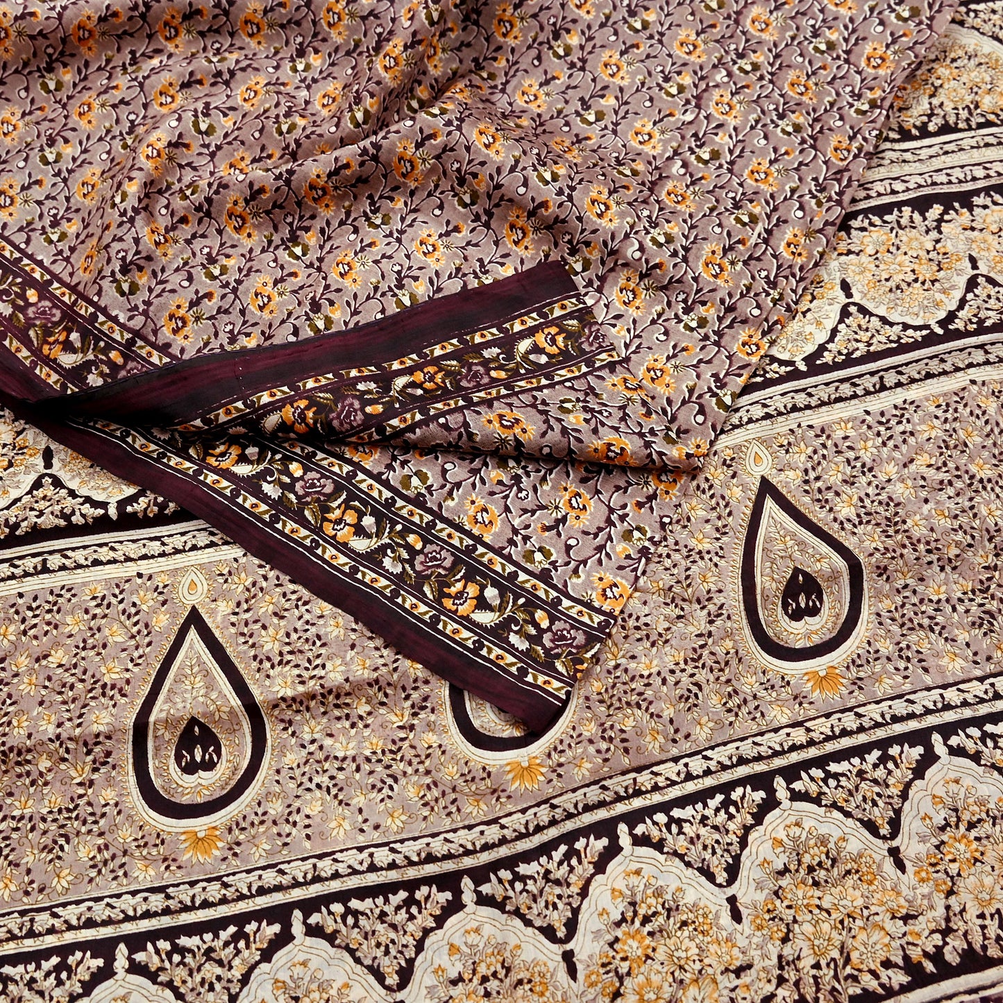Indian Vintage Sari Brown 100% Pure Silk Printed Saree 5yard Sewing Craft Fabric DressMaking Wrap Floral Crafting Quilting