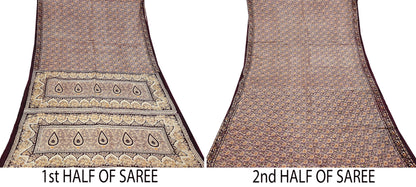Indian Vintage Sari Brown 100% Pure Silk Printed Saree 5yard Sewing Craft Fabric DressMaking Wrap Floral Crafting Quilting