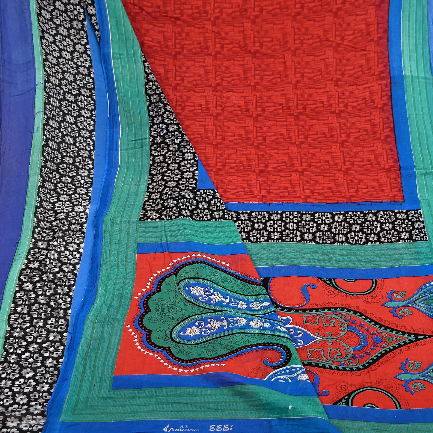 Indian Vintage Sari Red & Blue Printed 100% Pure Cotton Saree Craft Fabric 5Yard Sewing Sarong Wrap Boho Floral