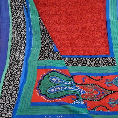Indian Vintage Sari Red & Blue Printed 100% Pure Cotton Saree Craft Fabric 5Yard Sewing Sarong Wrap Boho Floral