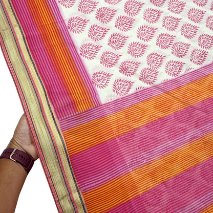 Indian Vintage Sari White & Pink Printed Pure Cotton Sarees Craft Fabric 5Yd Soft Sewing Sarong Wrap Boho Floral Quilting Dress making
