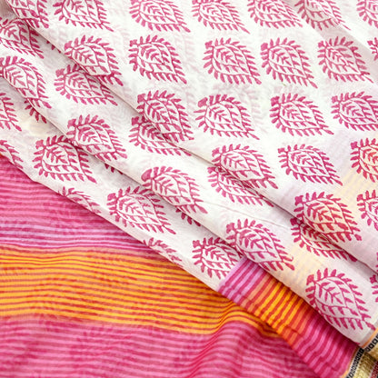 Indian Vintage Sari White & Pink Printed Pure Cotton Sarees Craft Fabric 5Yd Soft Sewing Sarong Wrap Boho Floral Quilting Dress making