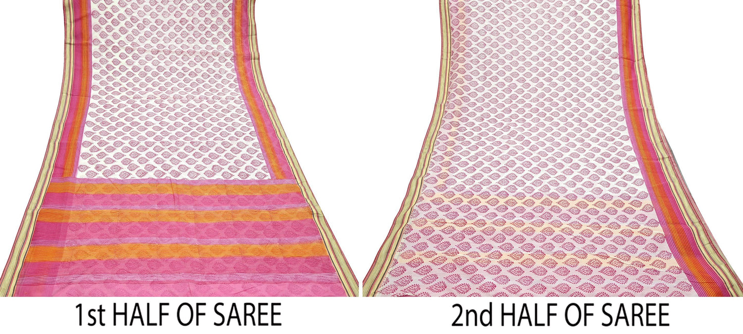Indian Vintage Sari White & Pink Printed Pure Cotton Sarees Craft Fabric 5Yd Soft Sewing Sarong Wrap Boho Floral Quilting Dress making