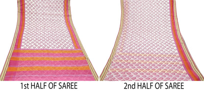 Indian Vintage Sari White & Pink Printed Pure Cotton Sarees Craft Fabric 5Yd Soft Sewing Sarong Wrap Boho Floral Quilting Dress making