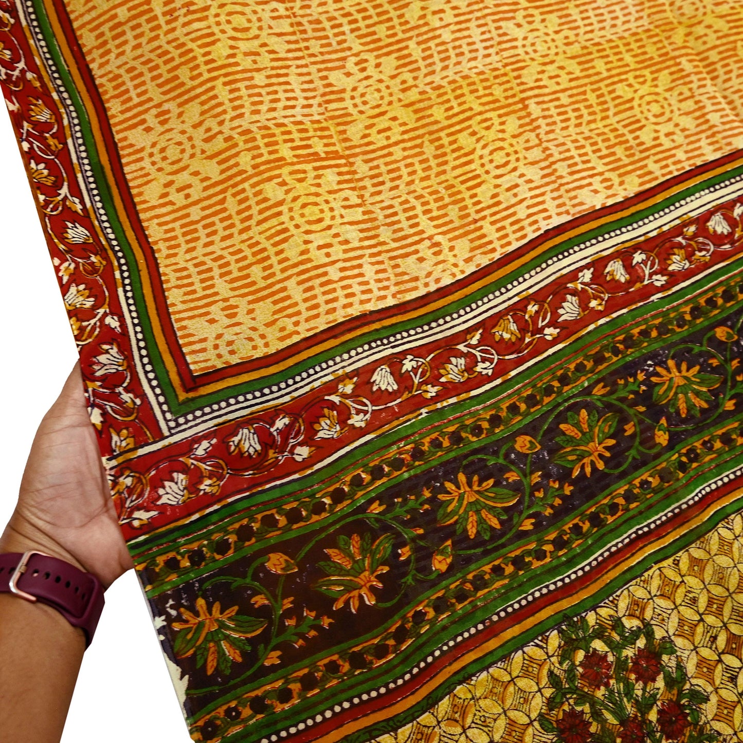 Indian Vintage Sari Saffron & Yellow 100% Pure Georgette Silk Block Printed Sarees Sewing 5yd Craft Soft Dress Designing for Crafting