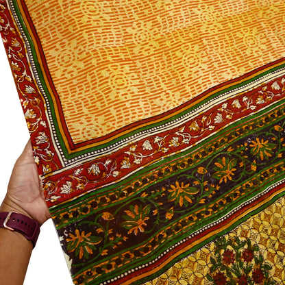 Indian Vintage Sari Saffron & Yellow 100% Pure Georgette Silk Block Printed Sarees Sewing 5yd Craft Soft Dress Designing for Crafting
