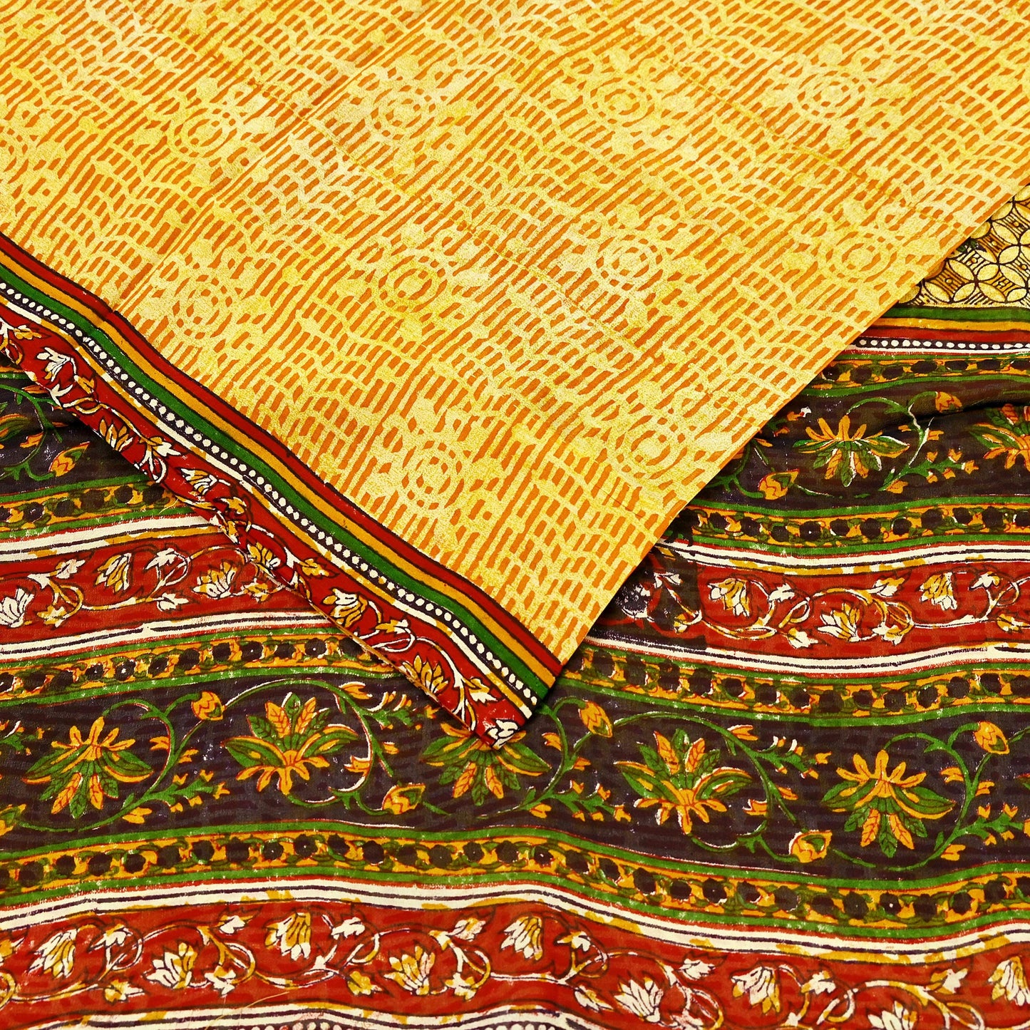 Indian Vintage Sari Saffron & Yellow 100% Pure Georgette Silk Block Printed Sarees Sewing 5yd Craft Soft Dress Designing for Crafting