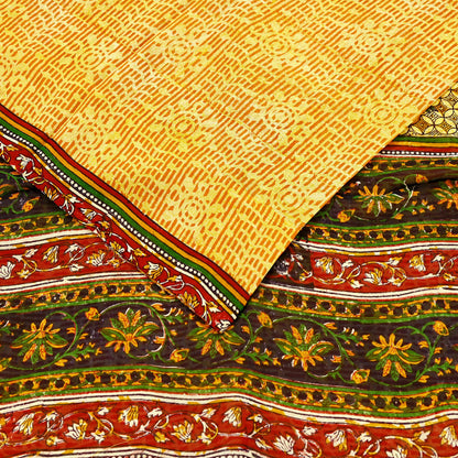 Indian Vintage Sari Saffron & Yellow 100% Pure Georgette Silk Block Printed Sarees Sewing 5yd Craft Soft Dress Designing for Crafting