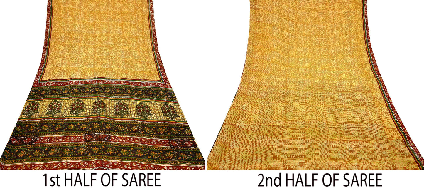 Indian Vintage Sari Saffron & Yellow 100% Pure Georgette Silk Block Printed Sarees Sewing 5yd Craft Soft Dress Designing for Crafting