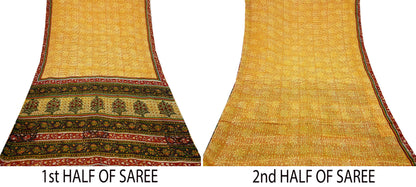 Indian Vintage Sari Saffron & Yellow 100% Pure Georgette Silk Block Printed Sarees Sewing 5yd Craft Soft Dress Designing for Crafting