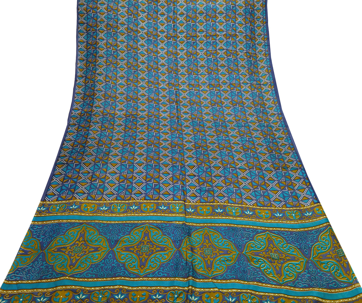 Indian Vintage Sari Green & Gray Pure Silk Printed Sarees Craft Fabric 5yd Sewing Dress Making Floral Crafting Quilting Upcycle Used