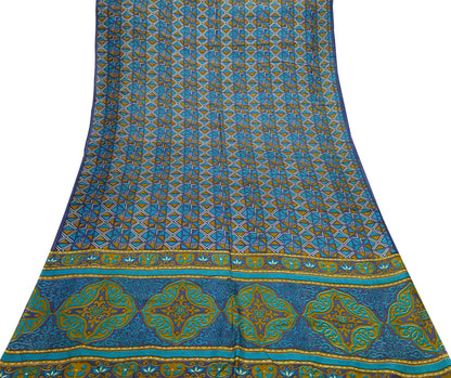 Indian Vintage Sari Green & Gray Pure Silk Printed Sarees Craft Fabric 5yd Sewing Dress Making Floral Crafting Quilting Upcycle Used