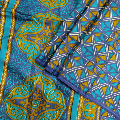 Indian Vintage Sari Green & Gray Pure Silk Printed Sarees Craft Fabric 5yd Sewing Dress Making Floral Crafting Quilting Upcycle Used