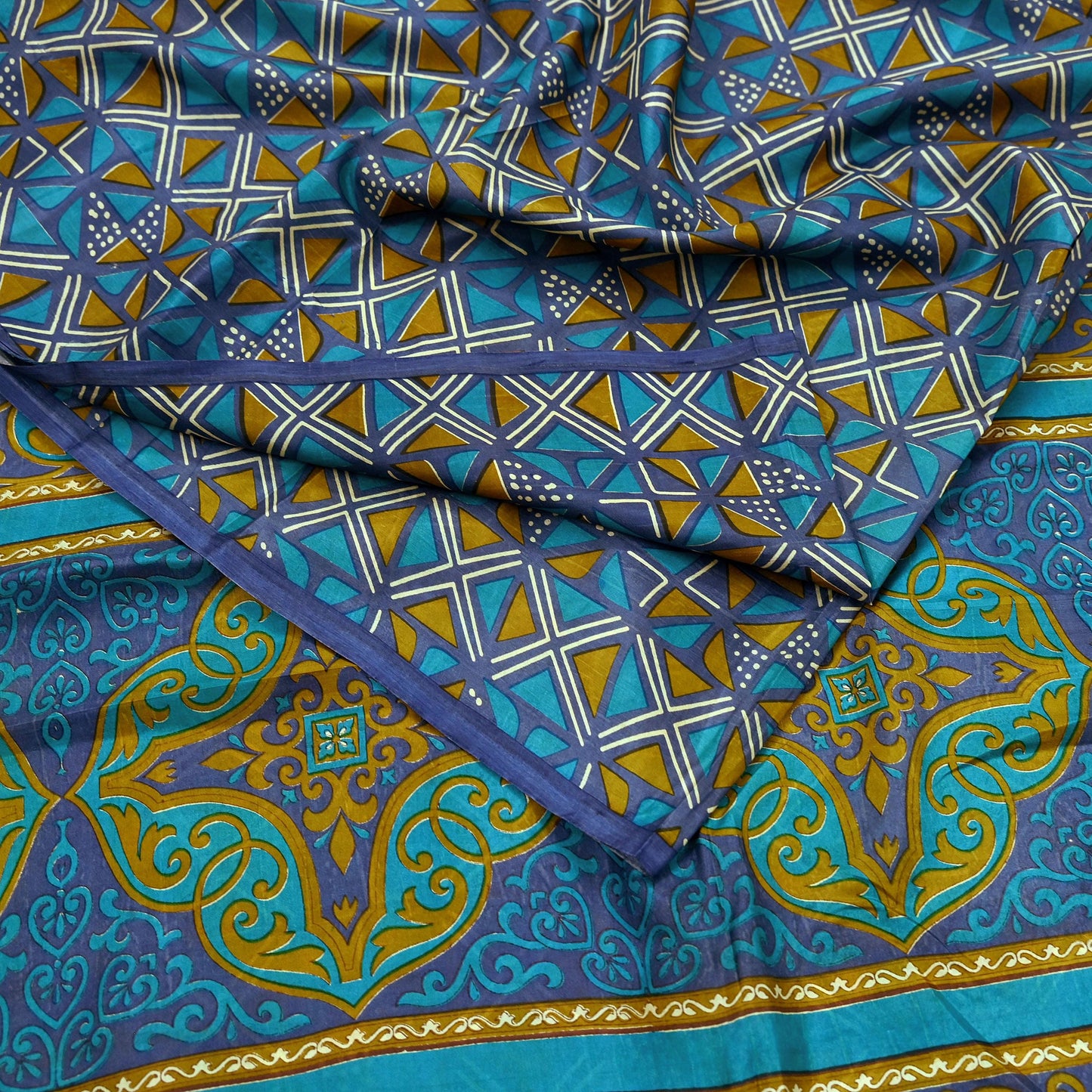 Indian Vintage Sari Green & Gray Pure Silk Printed Sarees Craft Fabric 5yd Sewing Dress Making Floral Crafting Quilting Upcycle Used