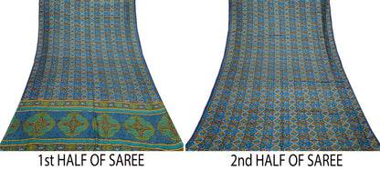 Indian Vintage Sari Green & Gray Pure Silk Printed Sarees Craft Fabric 5yd Sewing Dress Making Floral Crafting Quilting Upcycle Used