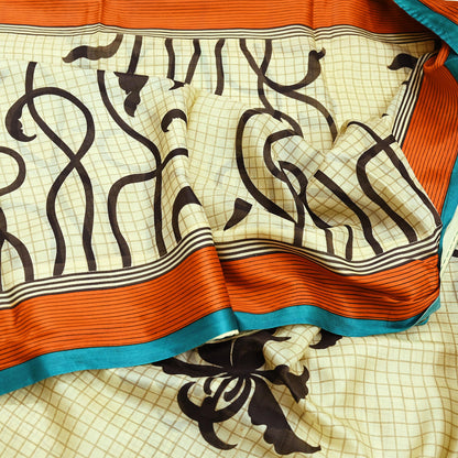 Indian Vintage Sari Ivory & Black Printed Pure Silk Sarees 5yd Sewing Craft Fabric DressMaking Soft Wrap Upcycle Quilting Crafting Used