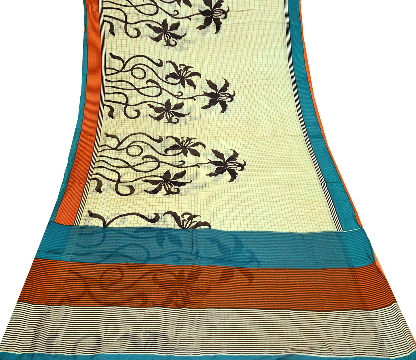 Indian Vintage Sari Ivory & Black Printed Pure Silk Sarees 5yd Sewing Craft Fabric DressMaking Soft Wrap Upcycle Quilting Crafting Used