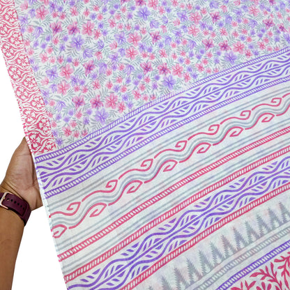 Indian Vintage Sari White & Pink Printed Pure Cotton Sarees Craft Fabric 5Yd Sewing Sarong Wrap Boho Floral Quilting Dress making