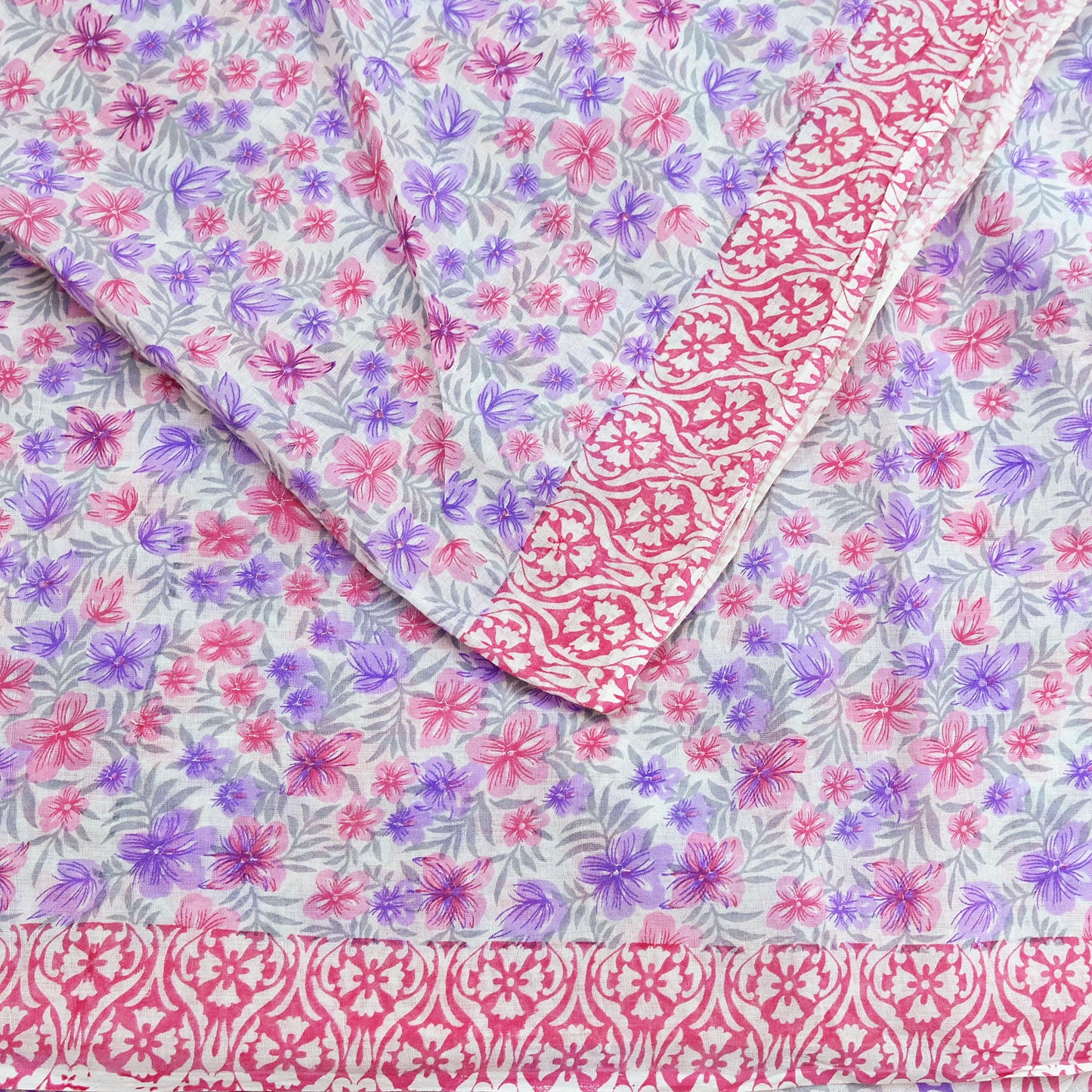 Indian Vintage Sari White & Pink Printed Pure Cotton Sarees Craft Fabric 5Yd Sewing Sarong Wrap Boho Floral Quilting Dress making