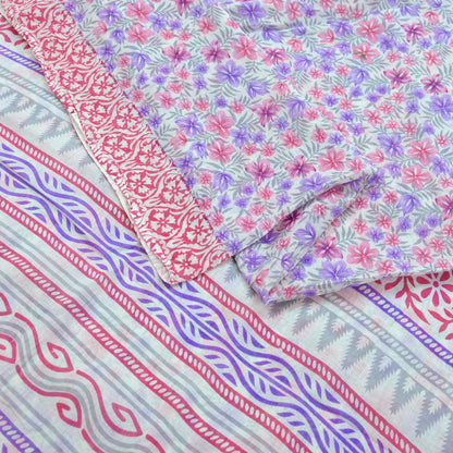 Indian Vintage Sari White & Pink Printed Pure Cotton Sarees Craft Fabric 5Yd Sewing Sarong Wrap Boho Floral Quilting Dress making