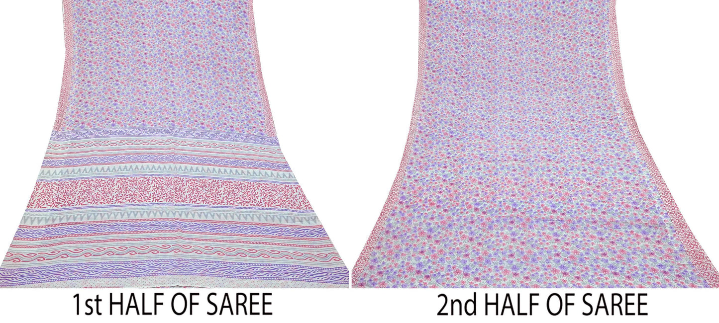 Indian Vintage Sari White & Pink Printed Pure Cotton Sarees Craft Fabric 5Yd Sewing Sarong Wrap Boho Floral Quilting Dress making