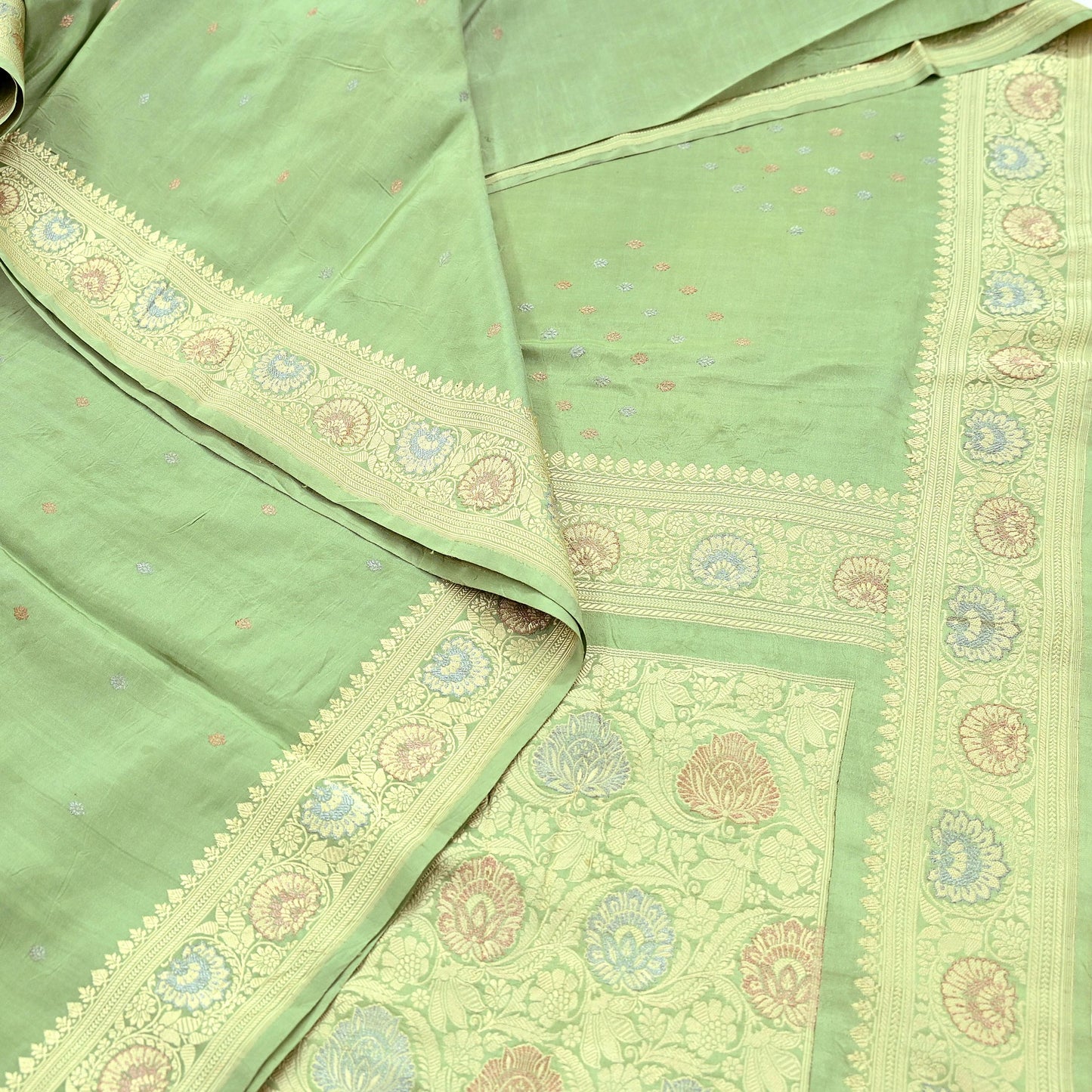 Indian Vintage Sari Green 100% Pure Silk Hand Woven Sarees Craft Fabric 5Yd Ethnic Sewing Dress making Crafting Quilting Upcycle Zari