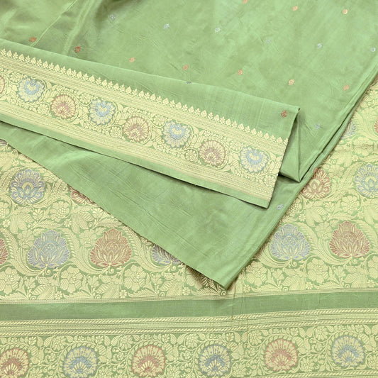 Indian Vintage Sari Green 100% Pure Silk Hand Woven Sarees Craft Fabric 5Yd Ethnic Sewing Dress making Crafting Quilting Upcycle Zari