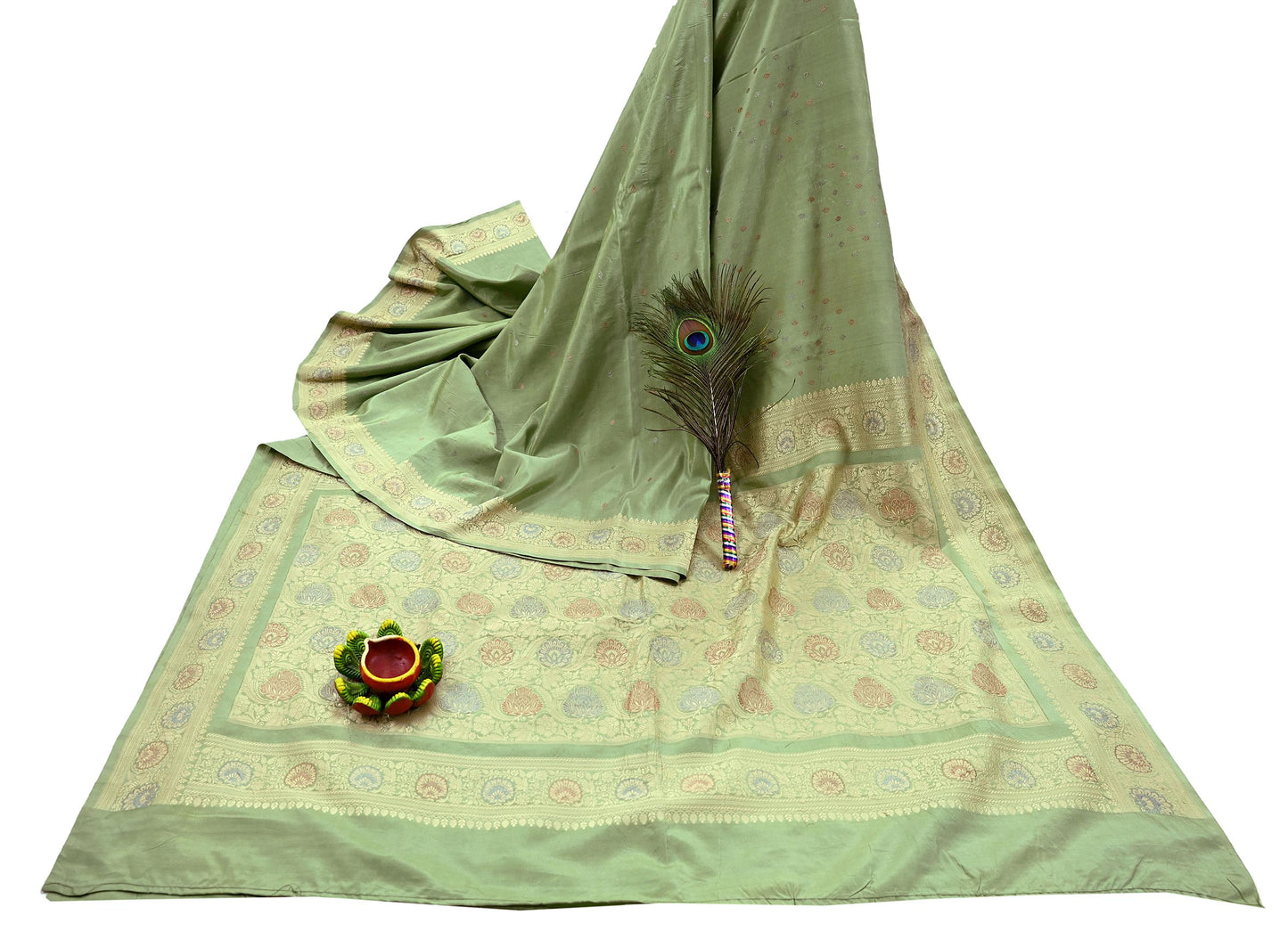 Indian Vintage Sari Green 100% Pure Silk Hand Woven Sarees Craft Fabric 5Yd Ethnic Sewing Dress making Crafting Quilting Upcycle Zari