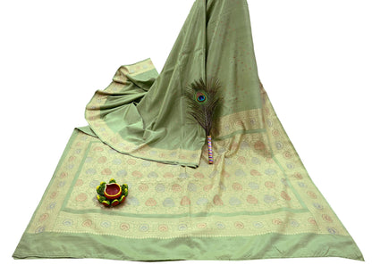 Indian Vintage Sari Green 100% Pure Silk Hand Woven Sarees Craft Fabric 5Yd Ethnic Sewing Dress making Crafting Quilting Upcycle Zari