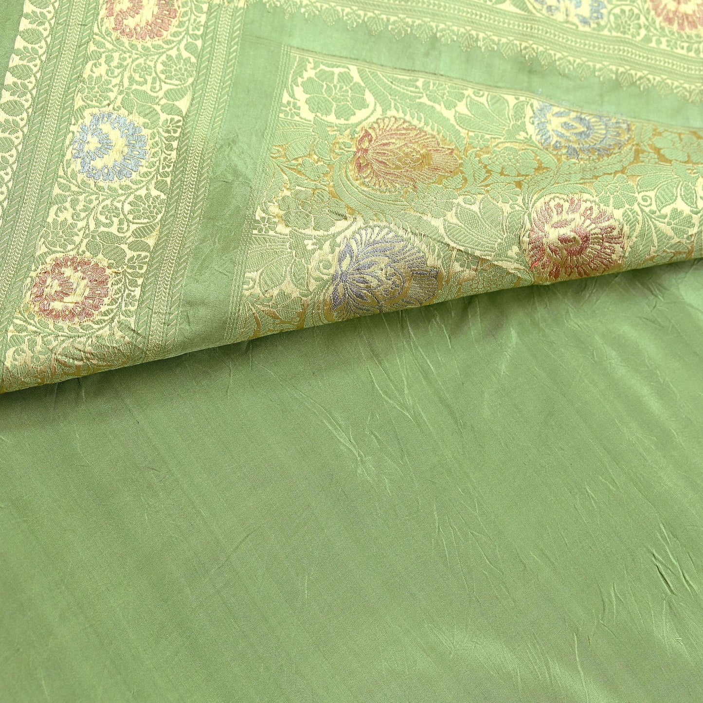 Indian Vintage Sari Green 100% Pure Silk Hand Woven Sarees Craft Fabric 5Yd Ethnic Sewing Dress making Crafting Quilting Upcycle Zari